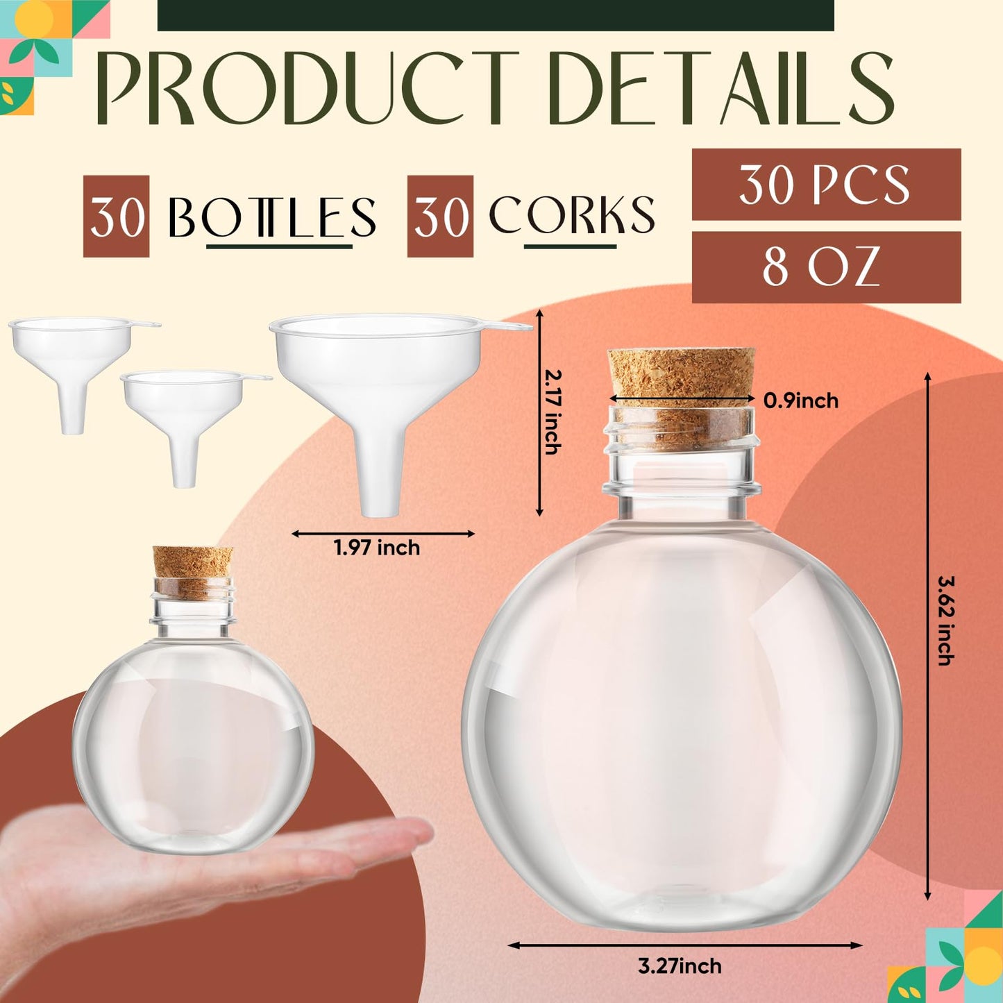 Jinei 30 Packs 8 oz Spherical Plastic Potion Bottles Ball Shape Sand Bottles Clear Plastic Cocktail Ornament Balls with Funnels for DIY Wedding Party Gift Crafts Decoration(Cork,Wooden)