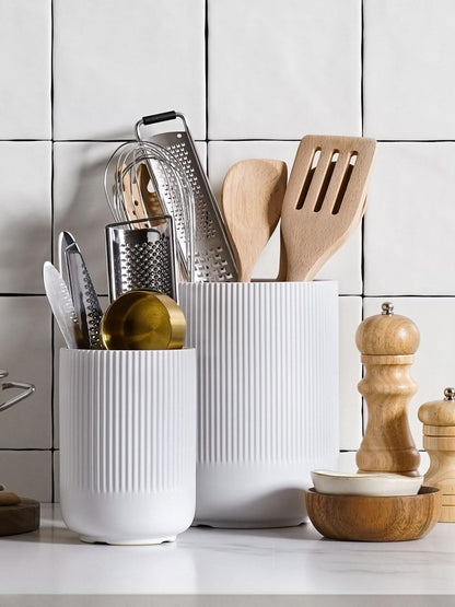 LE TAUCI Utensil Holder for Kitchen Counter, 7.3"+5.4" Fluted Ceramic Utensil Crock Organizer for Countertop, Heavy Large Holder for Spatulas, Spoons, Set of 2, White, Kitchen Counter Decor