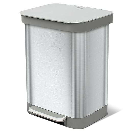 Glad 13 Gallon All Brushed Stainless Steel Trash Can with Clorox Odor Protection | Large Metal Kitchen Garbage Bin with Soft Close Lid, Garbage Bag Rings, Step On Foot Pedal and Waste Bag Roll Holder