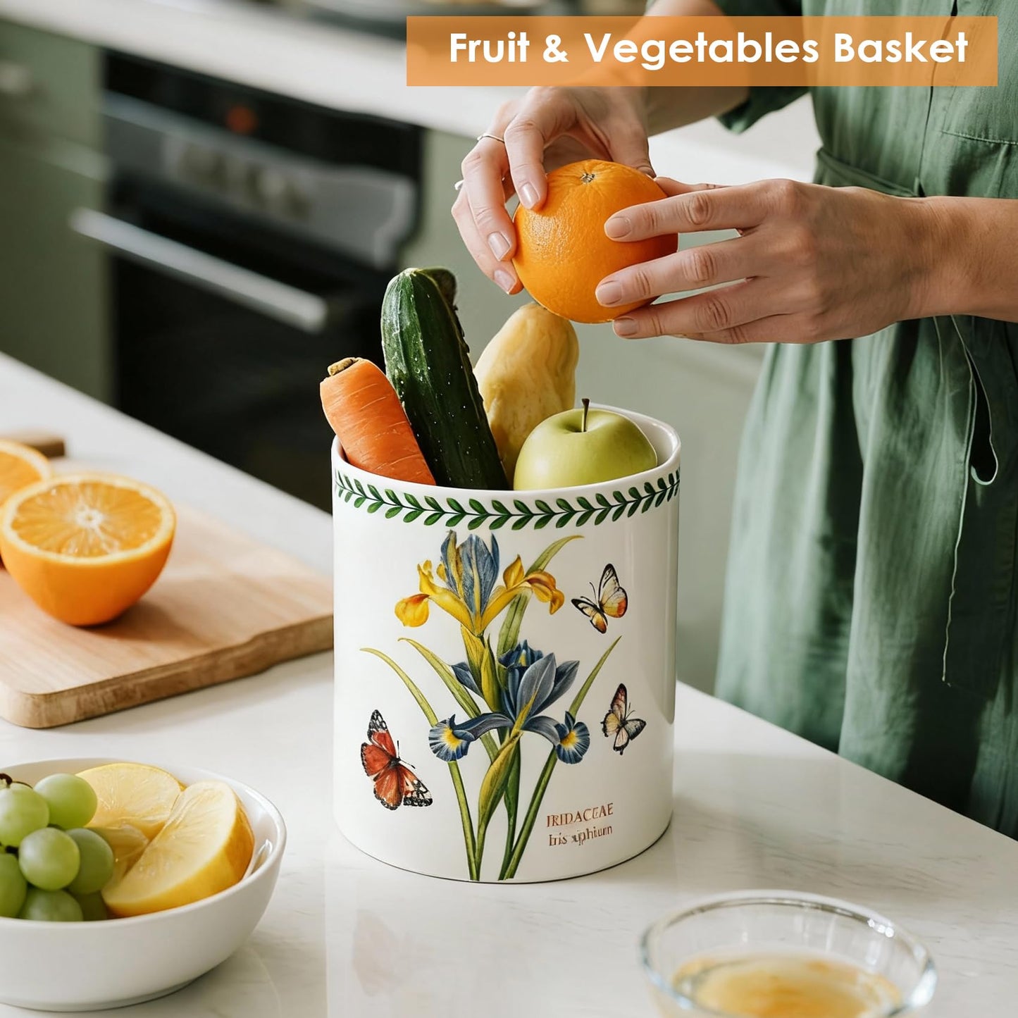 ACMLIFE Extra Large Cooking Utensil Holder, 7.3" Kitchen Utensil Holder for Countertop, Utensil Crock for Farmhouse Kitchen Decor, Ceramic Stable Utensil Caddy, Floral (Iris)