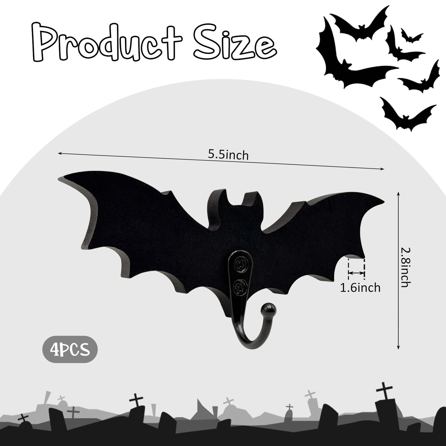 4 Pcs Wooden Bat Wall Hook For Keys Hat Bag Towel Clothes, Mini Bat Hanger Wall Mounted With 4 Hooks, Gothic Home Decor For LivingRoom Bedroom Bathroom Kitchen Gothroom Halloween Gothic Decoration