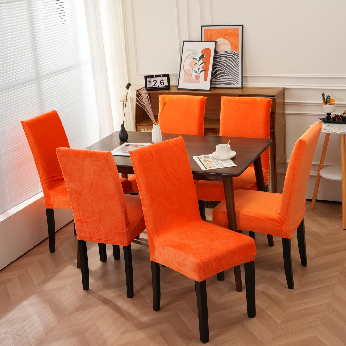 Rakila Velvet Dining Chair Covers Set of 2, Soft Stretch Washable Chair Slipcovers Protector for Home, Restaurant (Orange, 2 Pack)