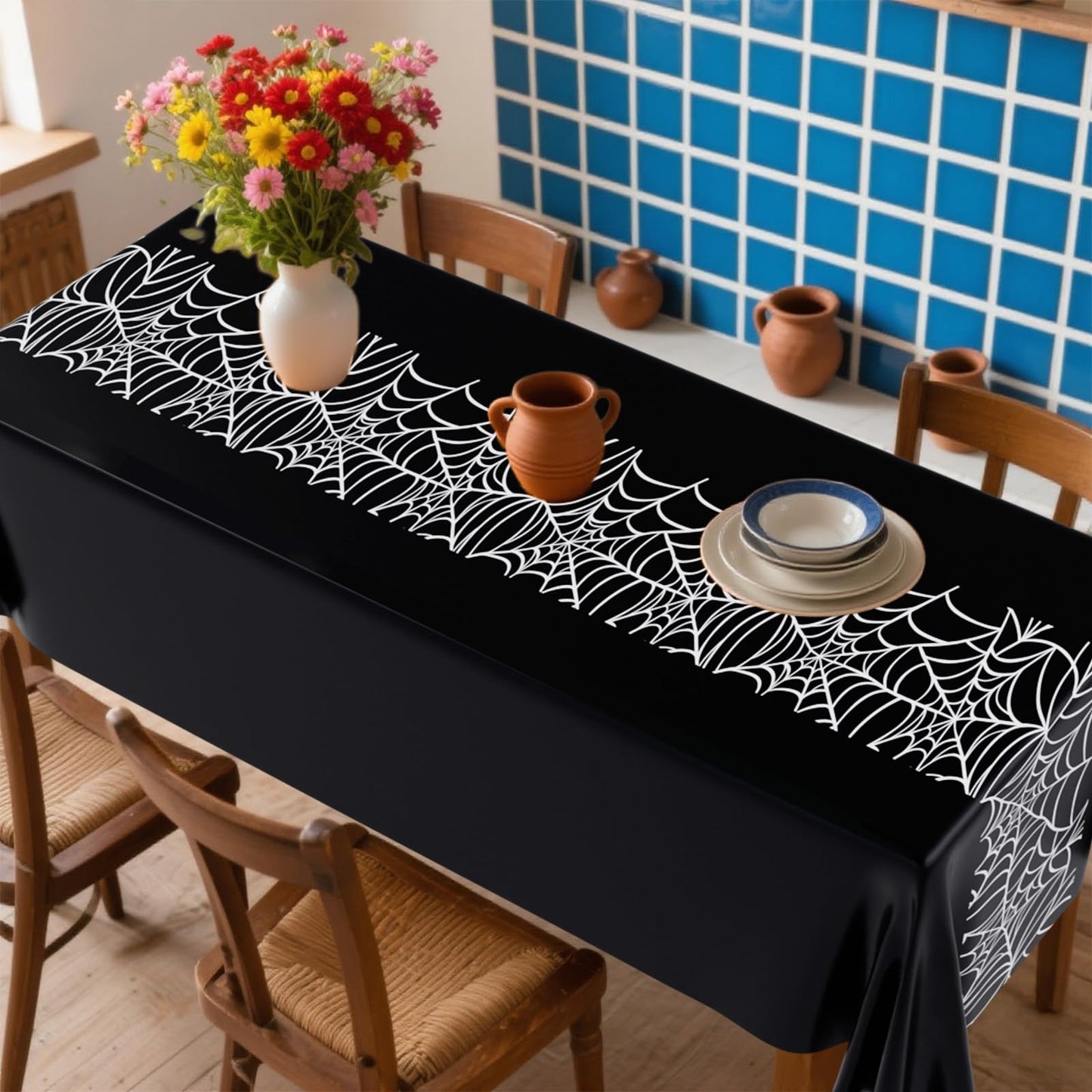 Remagr 3 Pcs 54 x 108'' Halloween Spider Birthday Party Tablecloth Plastic Disposable Table Cover Plastic Rectangular Tablecloth for Birthday Party Halloween Decoration Supplies (Black and White)