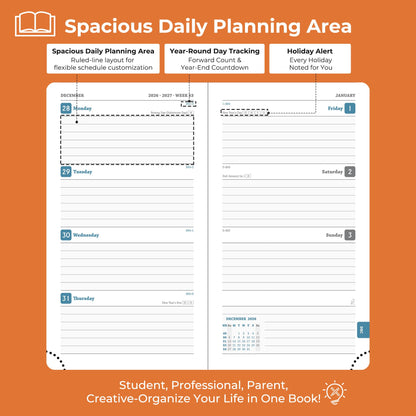 IN-LUXPRO Planner 2026-2027 Daily Weekly and Monthly,6.5"x3.75",18 Months Spiral Bound Calendar Agenda with Self-adhesive Pen Holder,2026 Academic Plan with Vegan Leather Soft Cover,Orange