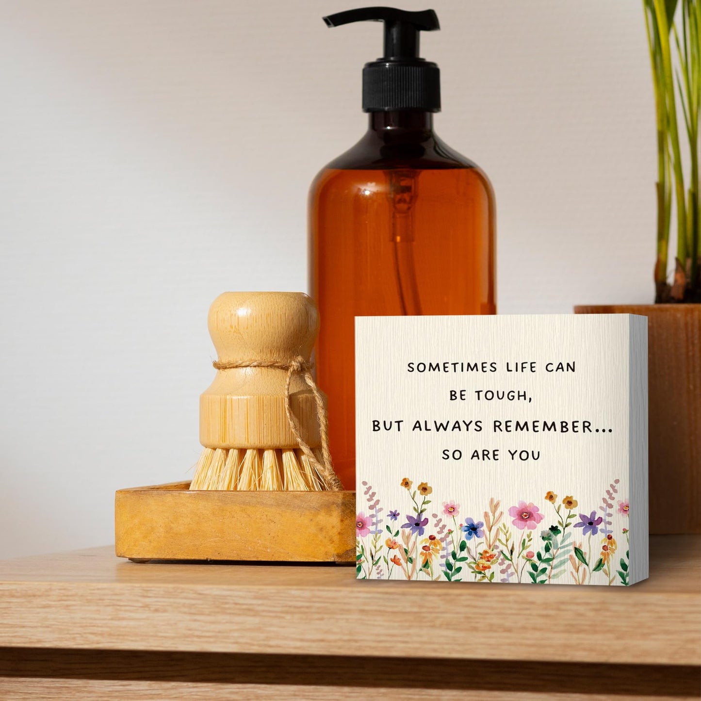 ANIANG Inspirational Wooden Box Sign, Motivational Desk Decor, Inspirational Gifts Office Desk for Women, Life Can Be Tough Wood Block Box Sign Plaque for Office Home Wall Shelf Decor