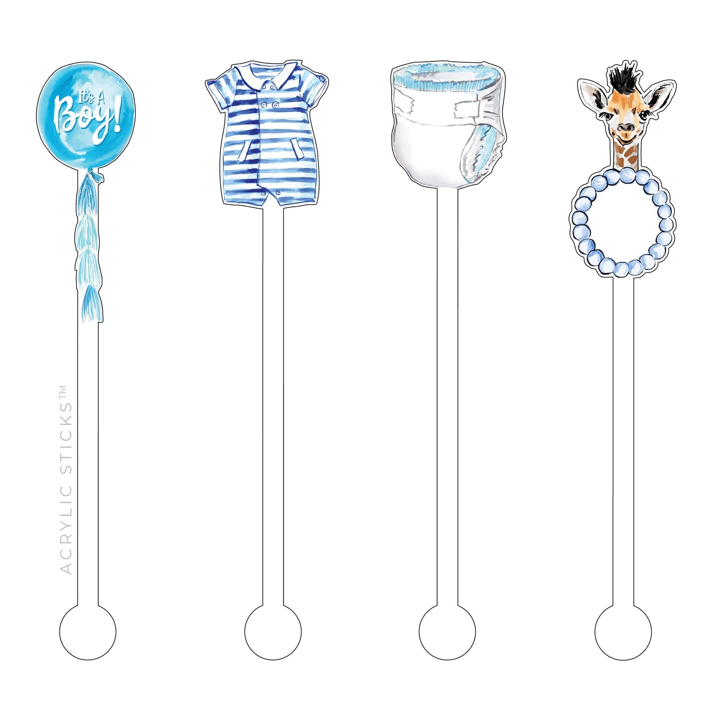 Acrylic Sticks Co. IT'S A BOY ACRYLIC STIR STICKS 4PC COMBO PACK, Decorative Stir Sticks for Cocktails, Acrylic, Washable & Reusable, BPA Free, 6.25"