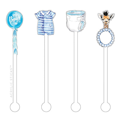 Acrylic Sticks Co. IT'S A BOY ACRYLIC STIR STICKS 4PC COMBO PACK, Decorative Stir Sticks for Cocktails, Acrylic, Washable & Reusable, BPA Free, 6.25"