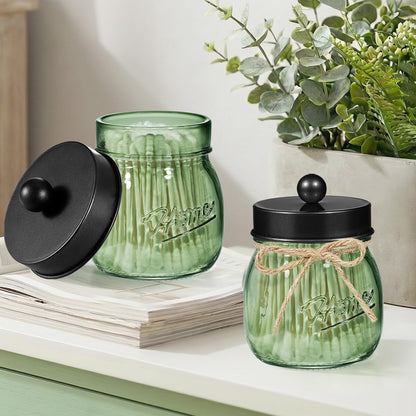 SheeChung Green Glass Qtip Holder Dispenser, Mason Jar Apothecary Jars with Lids, Bathroom Organizers and Storage, Vanity Countertop Canisters Set for Cotton Swab, Ball, Pad, Floss Pick-Black, 3 Pack