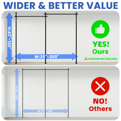 Room Divider No Drill Tension Curtain Rods Wall Divider for Room Separation (W) 35-200in×(H) 43-120in Adjustable, Heavy Duty Partition Space Separator Freestanding Tension Curtain Stand, Black