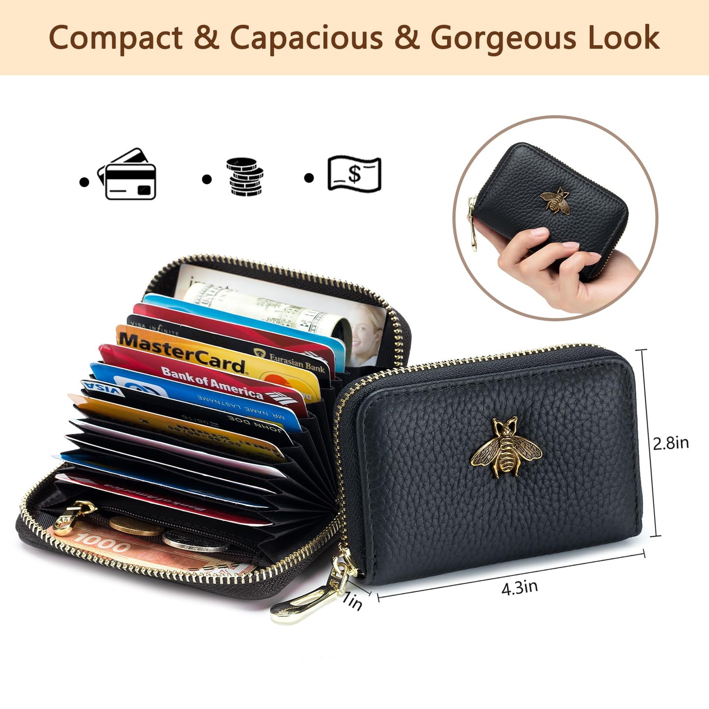 imeetu RFID Credit Card Holder, Small Leather Zipper Card Case Wallet for Women (Lite,Red)