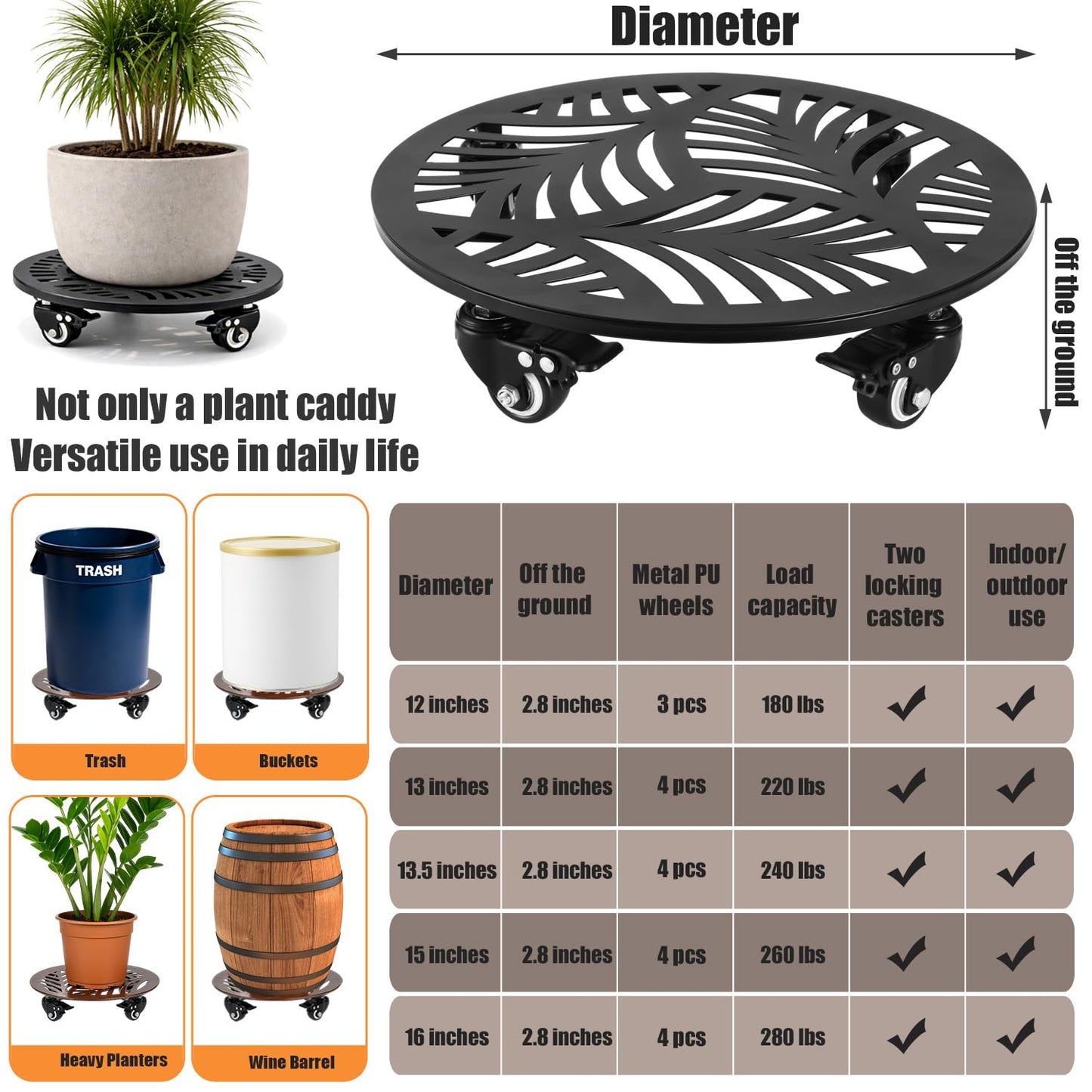 1 Pack Metal Plant Caddy with Wheels 12 Inch Large Heavy-duty Rolling Plant Stands with Casters Wheeled Planter Dolly Pot Mover Rollers Rust-proof Round Garden Trolley Coasters for Indoor Outdoor Use
