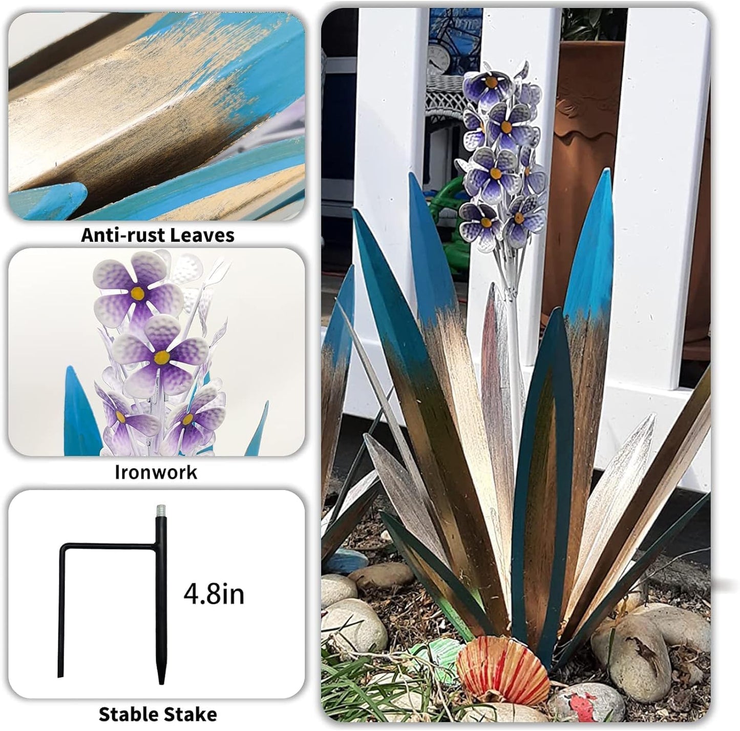 LCJECV Metal Agave Plant Garden Art, 2 Pack Tequila Rustic Sculpture, Rustic Metal Agave Plants Lawn Home Ornaments, for Yard Stakes, Garden Figurines, Outdoor Patio (2 PCS Purple Flowers)