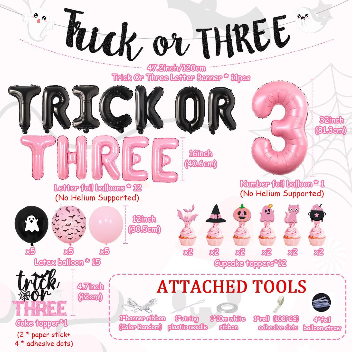 Pink Trick or Three Theme Halloween 3rd Birthday Party Decorations Trick or Three Foil Balloon Banner Garland Halloween Theme Cake Cupcake Toppers for Halloween Three Birthday Party Decor Supplies