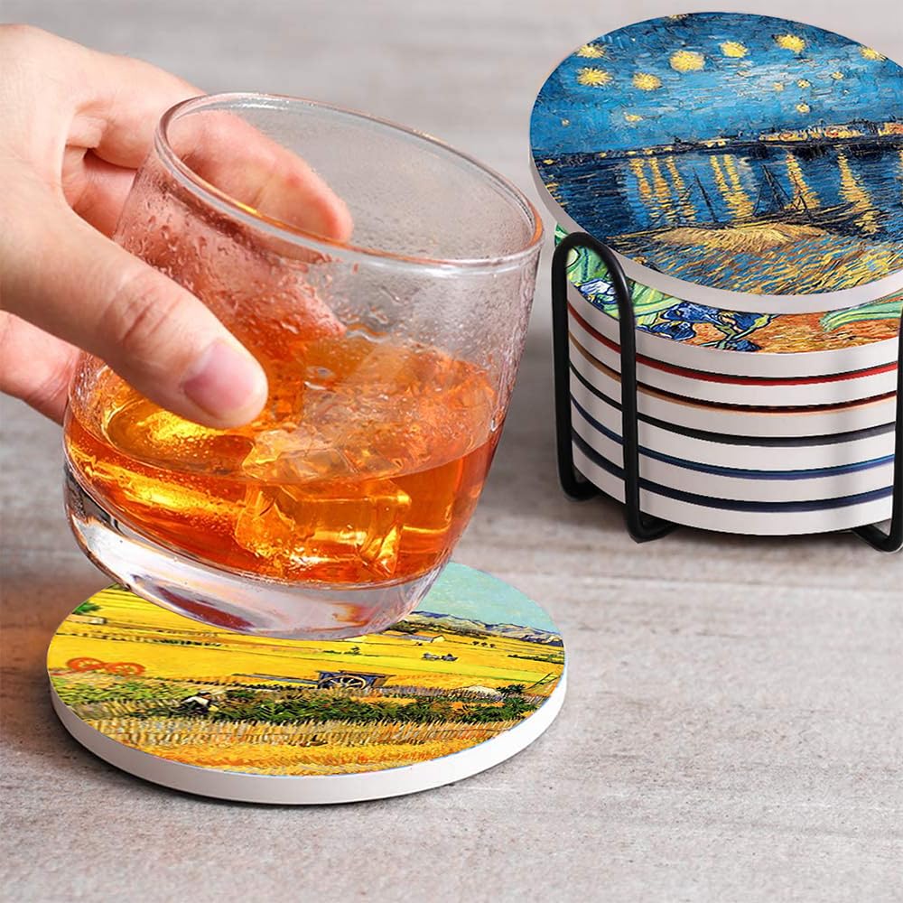 Heideryafei 4 Inch Round Marble Coasters, Van Gogh Art Painting Style Beverage Coasters with Storage Rack 8-Piece Set