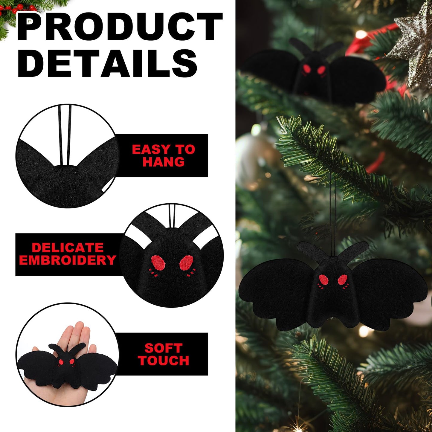 Jenaai 12 Pcs Mothman Christmas Tree Ornament Creepy Goth Stuffed Mothman Animals Decoration Dark Theme Bat Shape for Xmas Tree Fireplace Hanging Home Ornaments Party Gifts (Cute Style)