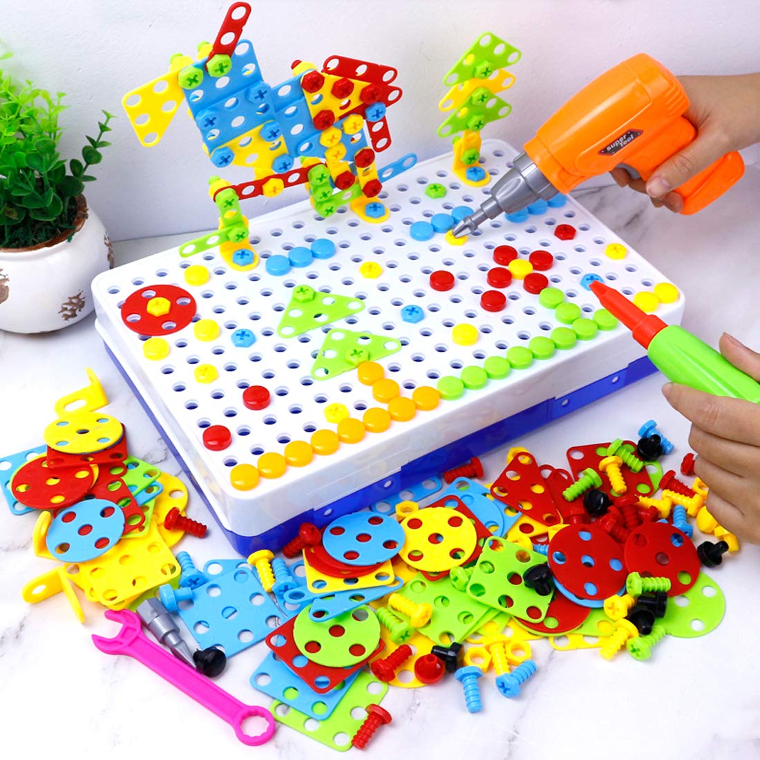 HAPTIME Design and Drill Toy,Educational Toys Building for Kids Ages 3-8,STEM Toys for 3 4 5 6 Year Old,193 Pcs Electric Drill Toy,Magic Montessori Play Toolbox for Toddler Boys Girls Preschool