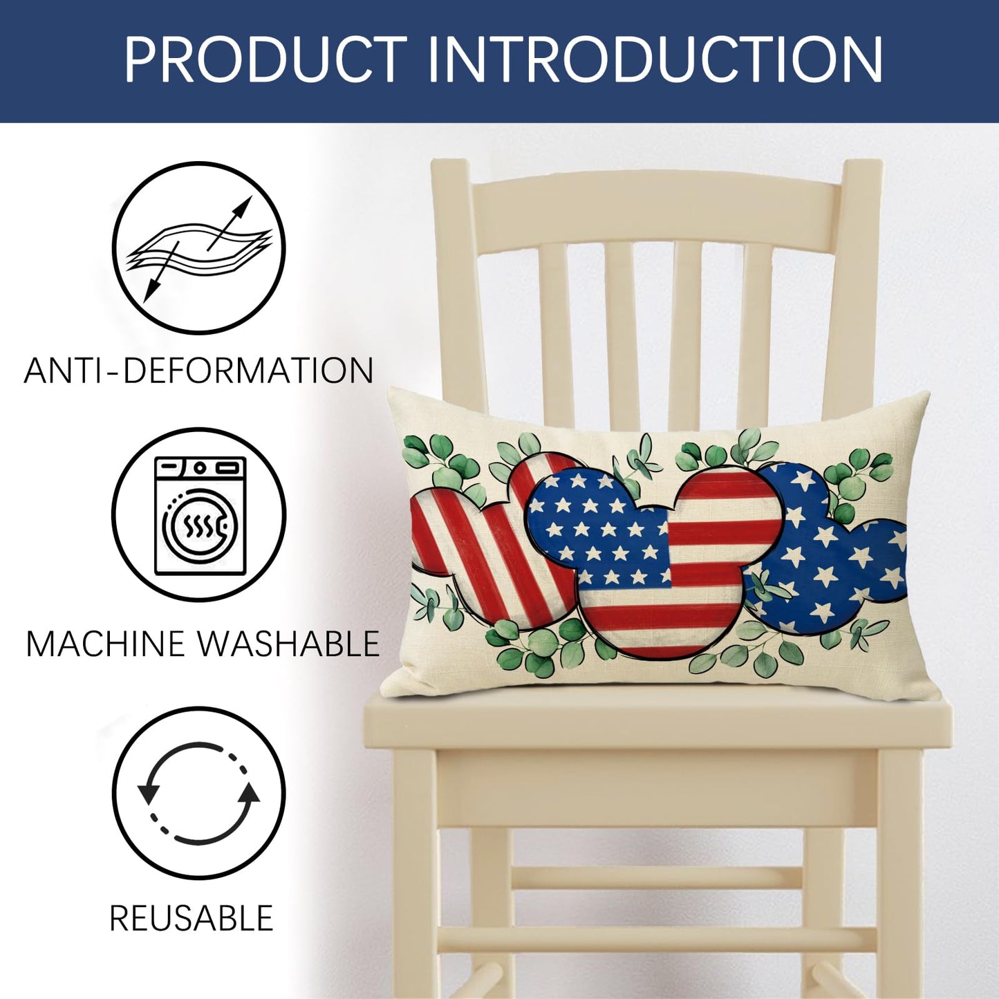 Fjfz 4th of July Patriotic Lumbar Decorative Throw Pillow Cover 12 x 20, Rectangular America USA Eucalyptus Leaves Outdoor Home Decor, American Stars Stripes Couch Cushion Case