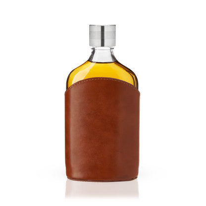 Viski Admiral Parker Glass Flask for Men, Elegant Leakproof Hip Flask with Leather Sleeve for Whiskey, Vodka, Gifts for Men, Groomsmen Gifts, Travel, Camping, Outdoor Adventure, 7 oz, Set of 1