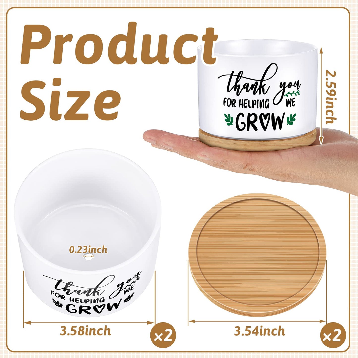 Newtay 2 Pcs End of Year Teacher Gifts Thank You for Helping Me Grow Pots Ceramic Succulent Pots White Flower Planter Pot Teachers Appreciation Gifts for Graduation Back to School