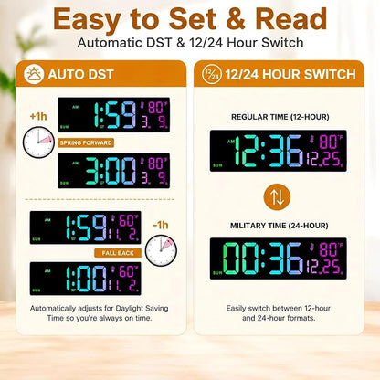 Soobest 14.2" Digital Wall Clock with Bluetooth Auto Time, Date Sync, LED Large Display with Remote Control, Gym Countdown Timer & 12 RGB Colors for Classroom, Temp, Nightlight for Seniors
