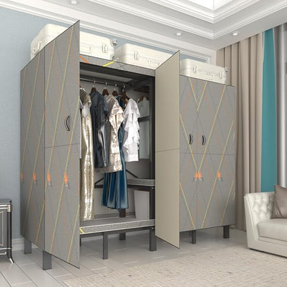 Foldable Portable Wardrobe Closet with Magnetic Doors & Cover, Heavy Duty Covered Clothes Rack with Hanging Clothing Rod, Metal Frame Standing Alone Closet for Bedroom (Door Design D, 70.9IN/180CM)