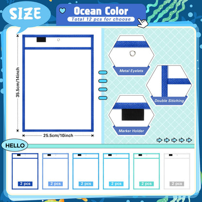 24 Pcs Dry Erase Pocket Reusable Sleeves 10" x 14" Clear Plastic Sheet Protectors with Markers and Mini Dry Erasers for Paper(Ocean Teal)