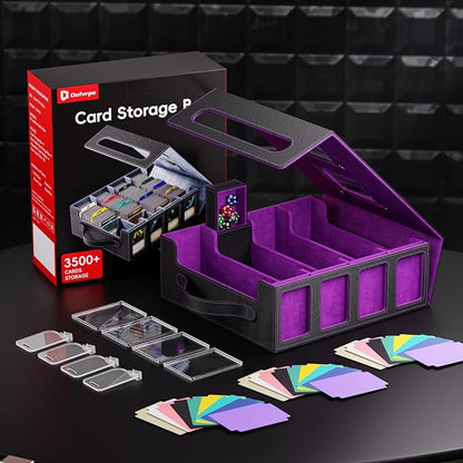 Trading Card Storage Box – 3500+ Magnetic MTG Deck Box with Handle,Commander & Toploader Display, Dice Box,4 Dividers & 30 Color Labels–Fits for TCG,MTG,Yu-Gi-Oh and Sport cards(Black/Purple)
