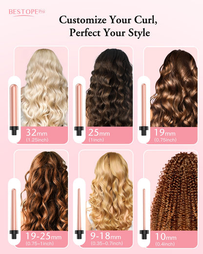Long Barrel Curling Iron Wand Set, BESTOPE PRO 6 in 1 Curling Wand Set with Ceramic Barrel for Long/Medium Hair, 0.35"-1.25" Interchangeable Hair Wand Curler, Dual Volts, Include Glove & Clips - Black