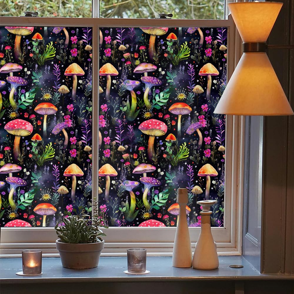 Dark Black Purple Pink Red Mushroom Flowers Stained Glass Window Films Decorative Double-Side Privacy Film Self-Adhesive Static Glass Clings for Living Room Bathroom Decor