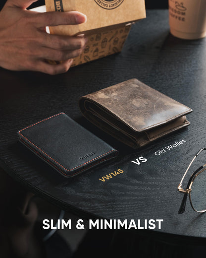 VULKIT Leather Slim Bifold Credit Card Holder for Max 8 Cards, Black