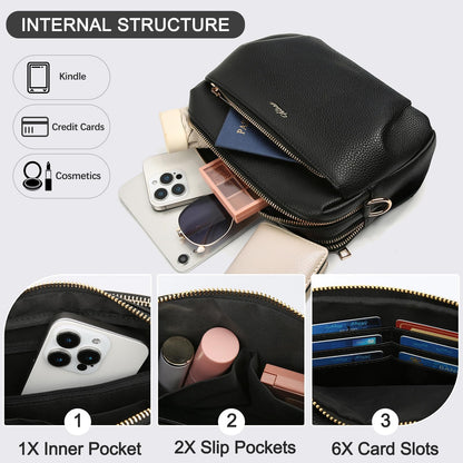 HILAEX Crossbody Bag for Women Leather Purse Anti Theft Multi Pockets Wide Adjustable Strap Shoulder Handbag RFID Blocking Black