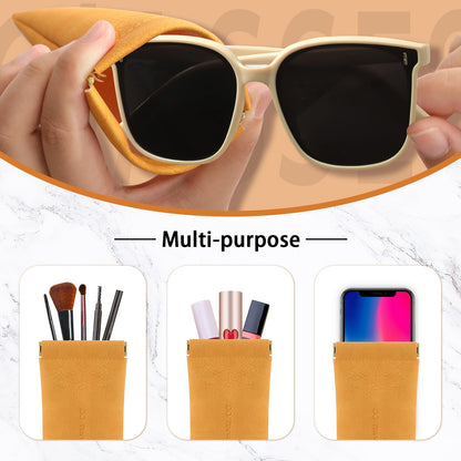 RIGHT AWAY 3Pcs Sunglasses Case Soft Glasses Case,Squeeze Top Eyeglass Case PU Leather Glass Pouch Bag for Women Girs,Slim Glasses Sleeve,Portable Sunglass Holder for Purse(Orange+Blue+Pink)