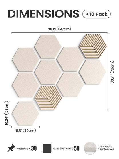 Fluxynara Hexagon Cork Board Alternative for Walls Decor-10-Pack Felt Bulletin Board Tiles,with 30 Pushpins,50 Adhesive Tabs for Office,Classrooms & Home Pin Board Felt Board-Oatmeal