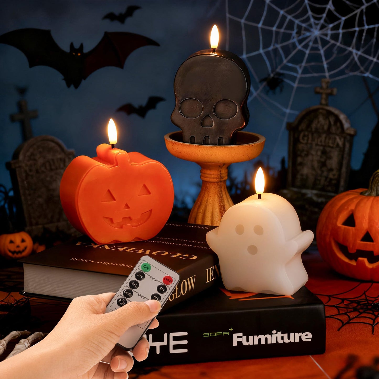 JOIONE Halloween Flameless Candles with Remote, 3D Flickering Flame Real Wax LED Battery Operated Candles, Cute Pumpkin & Ghost & Skull Halloween Candle for Party and Home Decorations, Set of 3