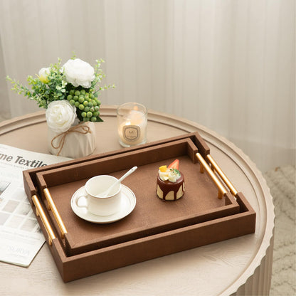 UPPER DECOR Set of 2 Decorative Tray Brown Shagreen Leather Tray, Modern Rectangle Serving Trays with Gold Polished Metal Handles, Ottoman Coffee Table Perfume Kitchen Trays Home Decor