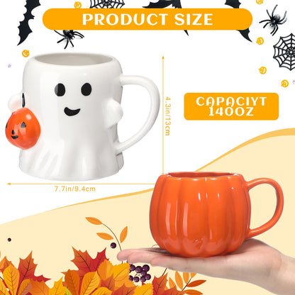 LemonRoad 2 Pcs 14 oz Pumpkin Cute Mugs Happy Ghost Pumpkin Pattern Mugs Novelty Ceramic 3D Coffee Cups Gifts for Hot Chocolate Cocoa Milk Tea Coffee Lover
