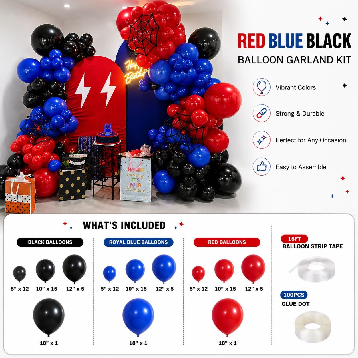 Red Blue Black Balloon Arch Garland Kit, 101 Pcs Matte Red Black and Royal Blue Latex Balloon Garland Set for Boys Kids Man Halloween Cool Spider Theme Party Birthday Graduation Party Decorations