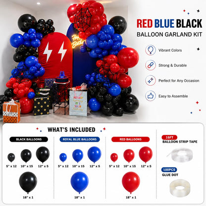 Red Blue Black Balloon Arch Garland Kit, 101 Pcs Matte Red Black and Royal Blue Latex Balloon Garland Set for Boys Kids Man Halloween Cool Spider Theme Party Birthday Graduation Party Decorations