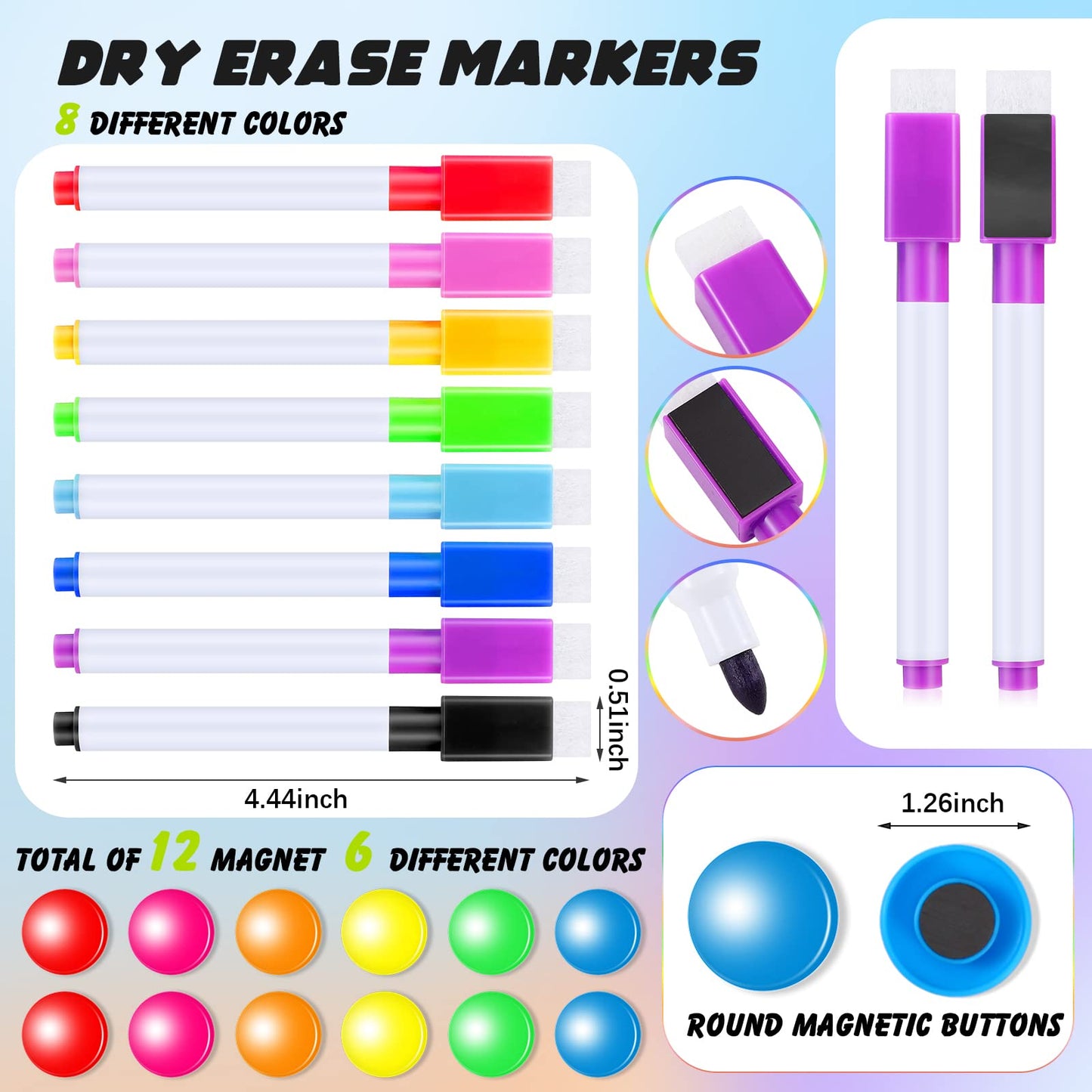Meanplan 176 Pcs White Board Accessories Set Include 144 Magnetic Dry Erase Labels 12 Rolls Thin Whiteboard Tape 8 Magnetic Fine Tip Dry Erase Markers 12 Round Planning Buttons for Office Home