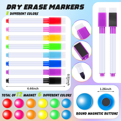 Meanplan 176 Pcs White Board Accessories Set Include 144 Magnetic Dry Erase Labels 12 Rolls Thin Whiteboard Tape 8 Magnetic Fine Tip Dry Erase Markers 12 Round Planning Buttons for Office Home