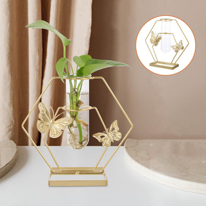 OSALADI Metal Framed Glass Plant Terrarium Vase with Butterfly Pattern, Hexagonal Decorative Flower Holder for Desktop Home Décor and Tabletop Display