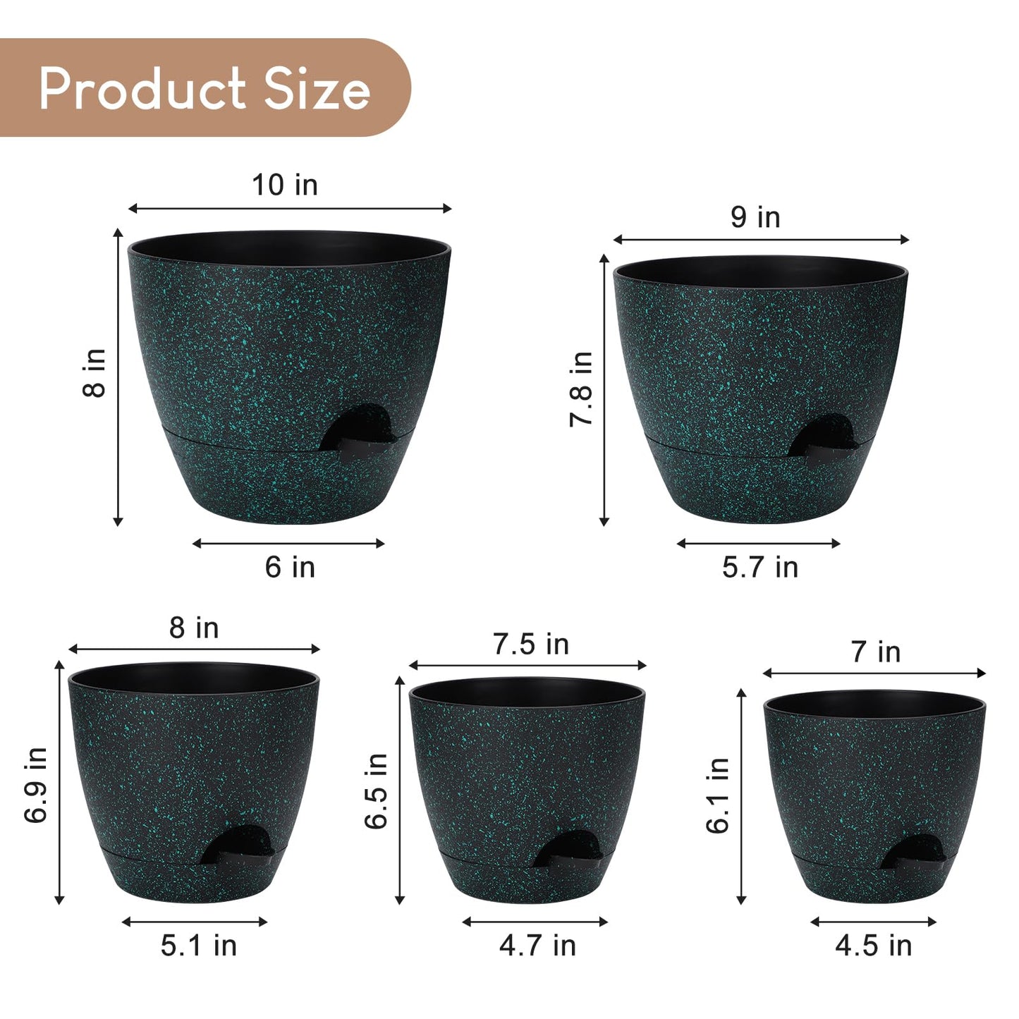 YNNICO Plant Pots 10/9/8/7.5/7 inch, Self Watering Planters with Drainage Holes & Saucers for Indoor and Outdoor Plants (Green Speckles)