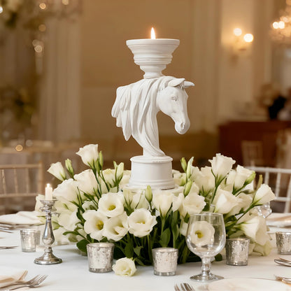 Horse Candle Holder 12 Inch – Rustic Equestrian Stallion Figurine for Farmhouse Table Centerpiece, Western Mantel Decor, Entryway Console Display, Resin Horse Statue with Pillar Candle Tray