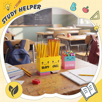 Eaasty Pencil Shaped and Sharp Dull Holder Eraser Wooden Dispenser Pencil Storage 3 Compartments for Back to School Teachers Classroom Organization (2 Pack,Stylish)