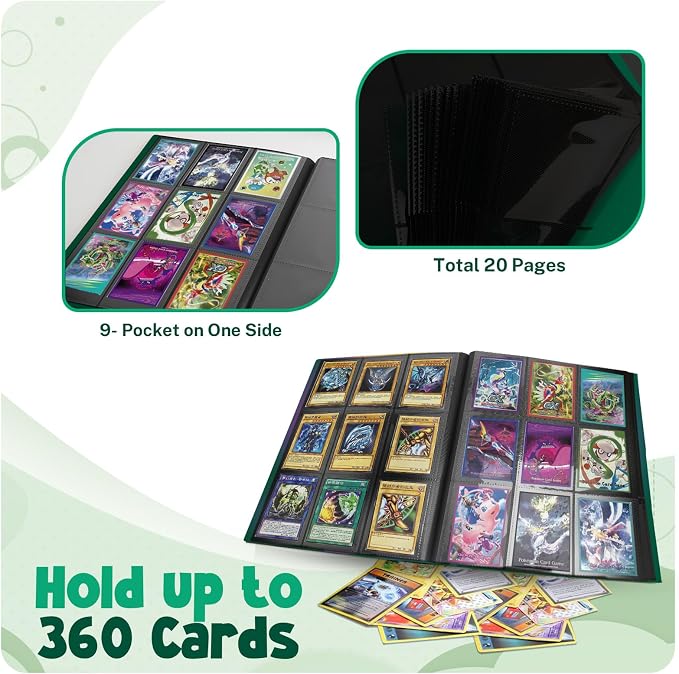 Card Binder, 9 Pocket Trading Card Album Folder,20 Pages, 360 Card Capacity Sports Card Binder, Premium Card Binders Compatible with MTG, TCG, Baseball Cards (Green)