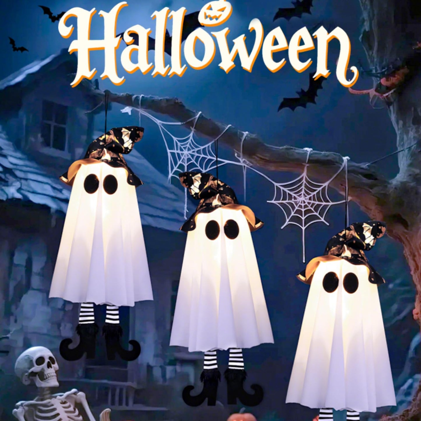 Set of 3 Halloween Hanging Ghosts, Halloween Decorations Witch Hat Lights, Outdoor Glowing Ghost for Yard Patio Garden Tree