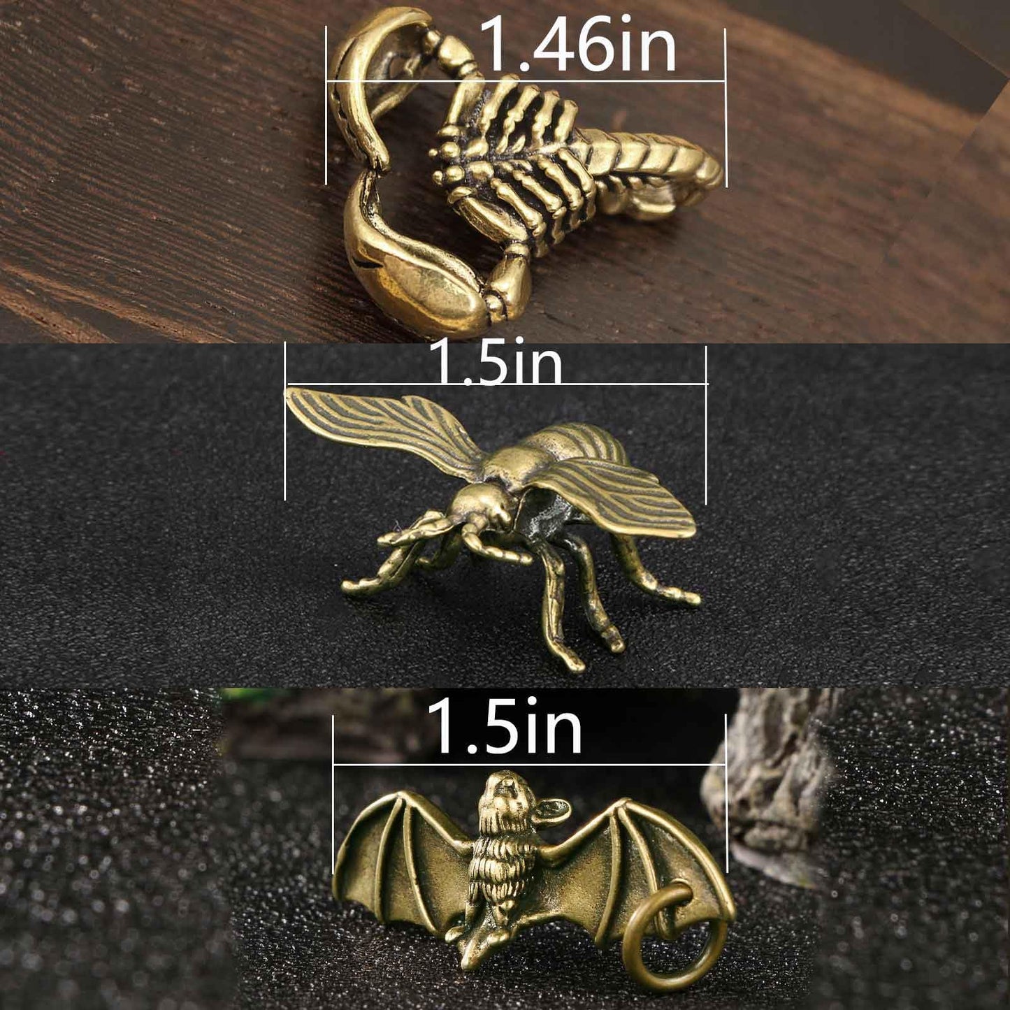 3PC Bee Scorpion Bat Sculpture Solid Metal Brass Animal Figurine Mini Insect Statue Ornament for Home Office Garden Desktop Decor Scene Decoration (Bees + Bats + Scorpions)