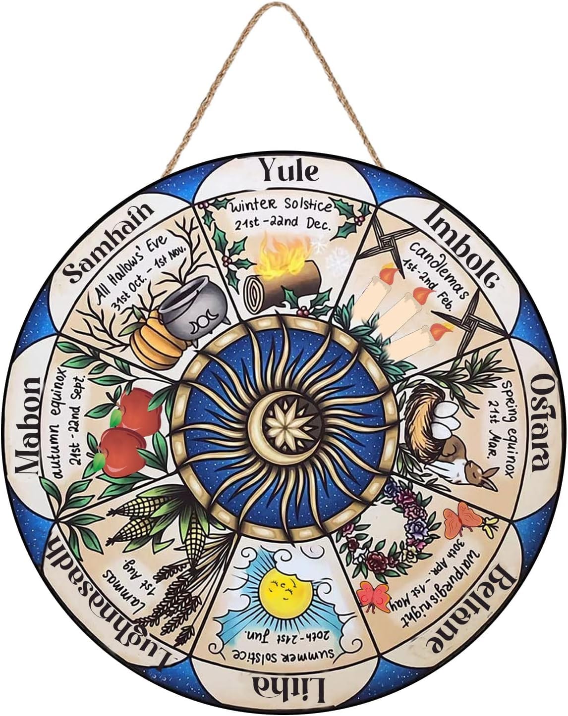 Mocozim Wheel of The Year Rustic Round Hanging Wood Sign, Sabbats Pagan Witch Sign, Wiccan Holidays, Wicca Calendar, Yule Altar, Celestial Sign, Christmas Sign Door Sign 10"x10"