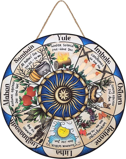 Mocozim Wheel of The Year Rustic Round Hanging Wood Sign, Sabbats Pagan Witch Sign, Wiccan Holidays, Wicca Calendar, Yule Altar, Celestial Sign, Christmas Sign Door Sign 10"x10"