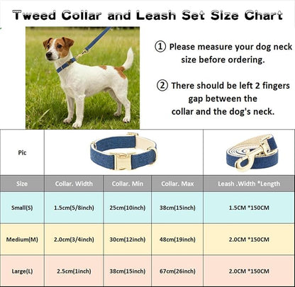 Luxury Soft Cotton Tweed Fabric Dog Collar & Leash Set with Gold Buckle – Durable Fabric, Stylish Design for Everyday Walks(Medium Navy)